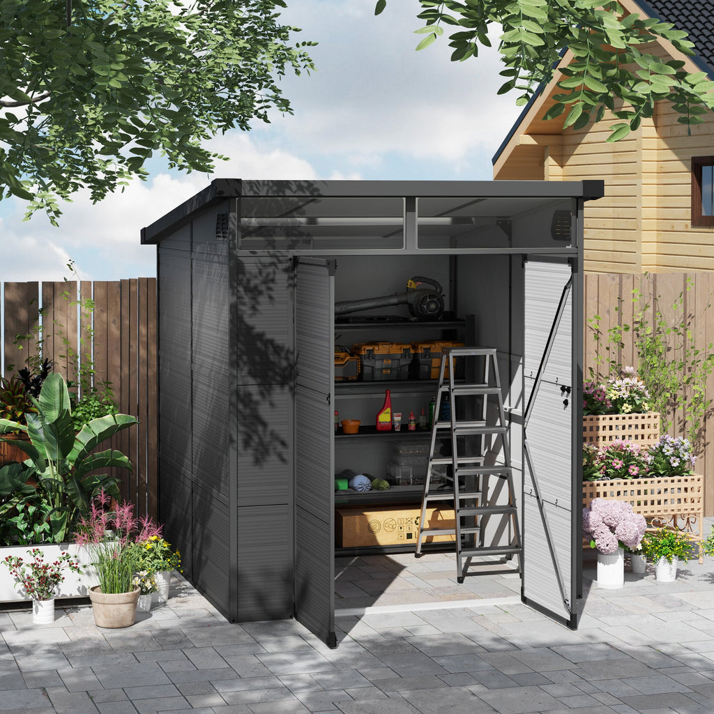 6 x 6ft Outdoor Storage Shed, Plastic Garden Shed with Windows and Air Vents, Outdoor Resin Tool Shed with Latch Doors for Garden, Deck, Dark Grey