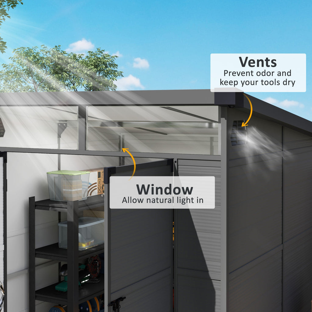 6 x 6ft Outdoor Storage Shed, Plastic Garden Shed with Windows and Air Vents, Outdoor Resin Tool Shed with Latch Doors for Garden, Deck, Dark Grey